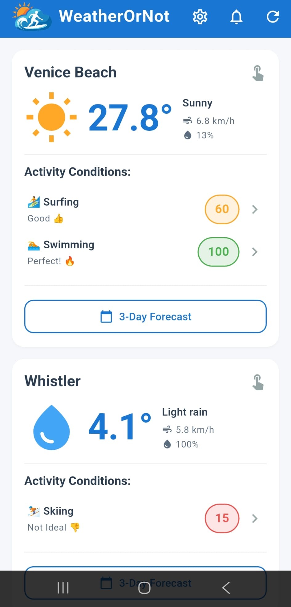 OutdoorOracle Home Screen - View all your locations with activity scores
